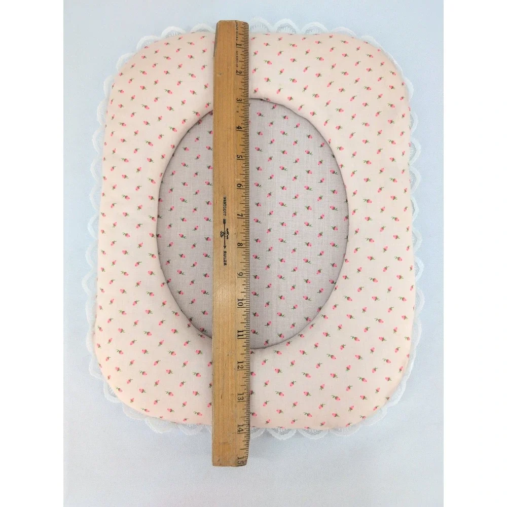 Vintage Rose Padded Fabric Picture Frame Pink Floral Lace Trim Oval Opening